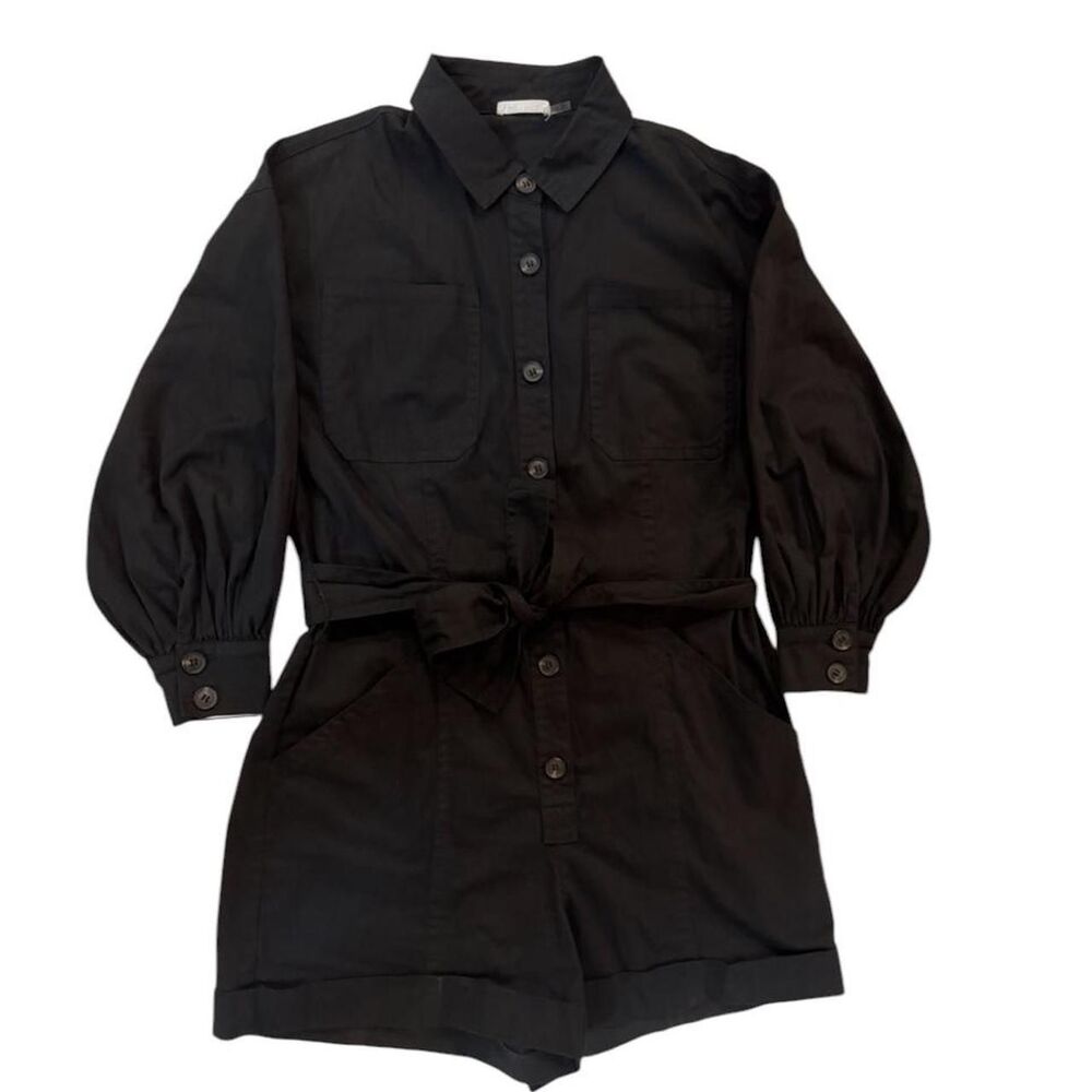 Day Moon Black romper with tie waist and button-up front